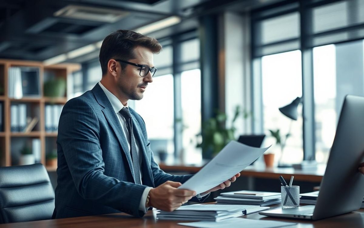 Agent commercial multicarte négociant un contrat dans un bureau moderne, entouré de documents et d'objets de travail, avec une ambiance dynamique et professionnelle éclairée par la lumière naturelle.