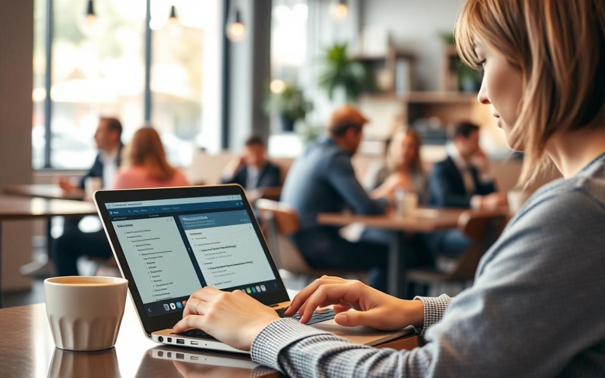 Personne utilisant un ordinateur portable dans un café moderne pour travailler sur un logiciel de transcription audio, avec des transcriptions à l'écran, tandis que d'autres clients discutent à l'arrière-plan, créant une ambiance agréable, illustrant des avis sur Amberscript.