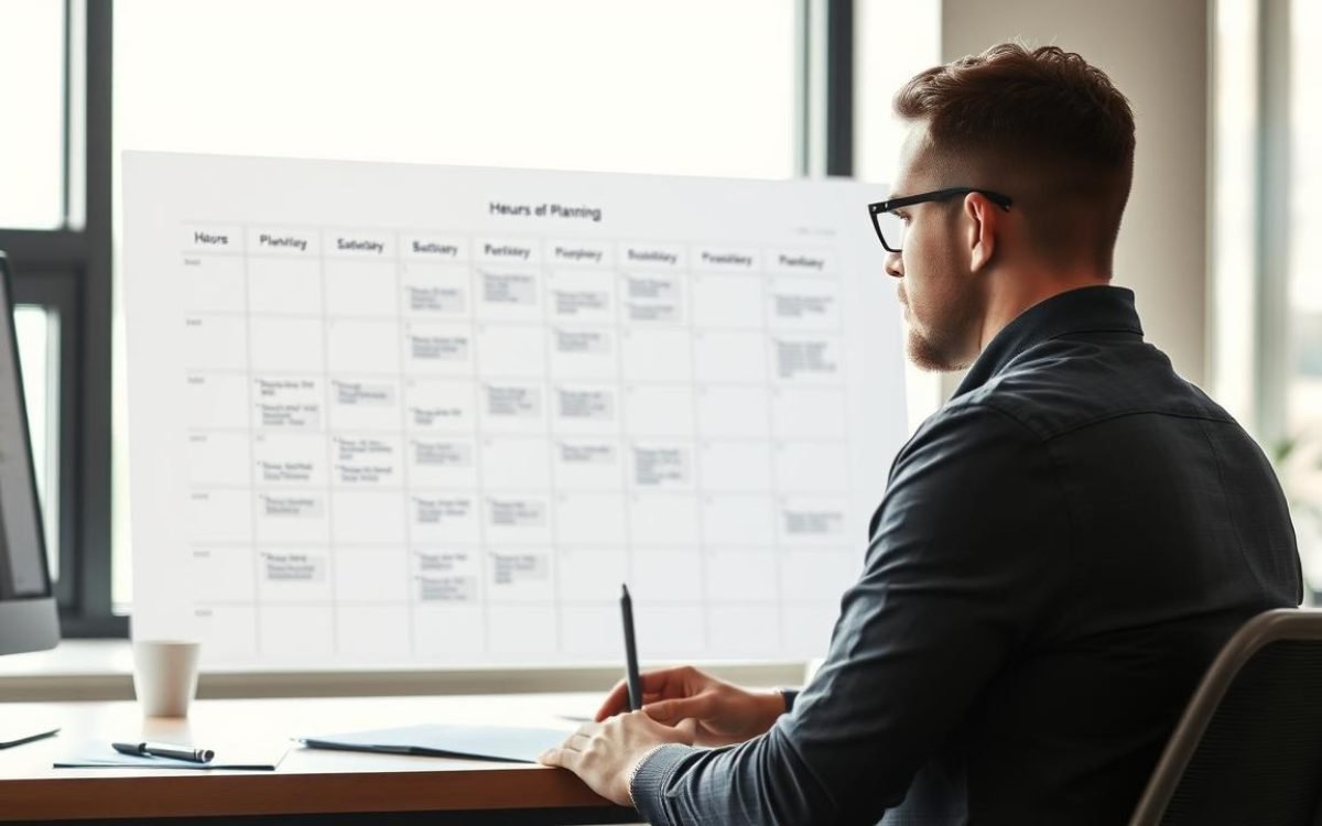 Employé stressé examinant un planning compliqué sur un tableau blanc, illustrant les inconvénients de l'annualisation du temps de travail dans un bureau moderne avec lumière naturelle.