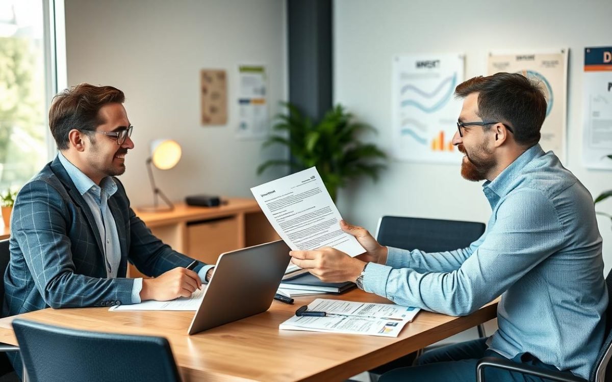 Bureau moderne avec un entrepreneur présentant un document d'apport en jouissance à des partenaires d'affaires autour d'une table, avec un ordinateur portable, un brevet encadré et des affiches de projets, ambiance professionnelle et collaborative.