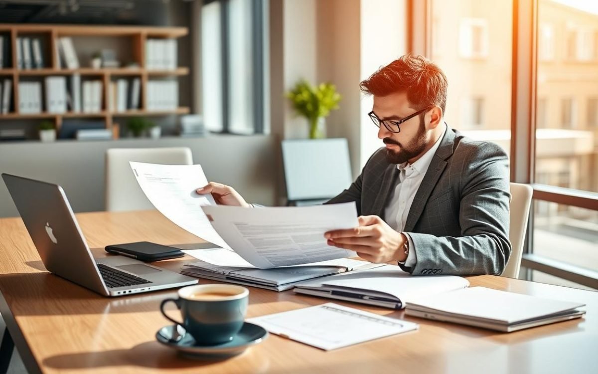 Entrepreneur assis à un bureau moderne, examinant des documents et un ordinateur portable, avec une tasse de café à côté, illustrant le processus de création d'entreprise dans un environnement lumineux et inspirant, arce.