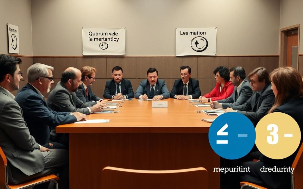 Assemblée générale avec des membres rassemblés autour d'une table, affichant des affiches sur le quorum et la majorité, les visages concentrés et curieux, illustrant visuellement les concepts de quorum et de majorité.