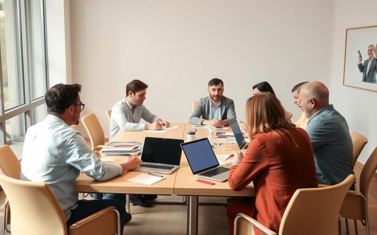 Réunion d'une association sans président avec des membres échangeant autour d'une table, utilisant des ordinateurs portables et des documents, dans un cadre lumineux et convivial.