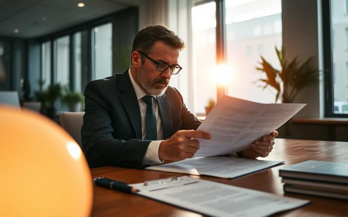 Expert-comptable analysant un contrat complexe dans un bureau moderne, documents éparpillés sur la table, lumière naturelle, ambiance sérieuse propice à un audit contractuel.
