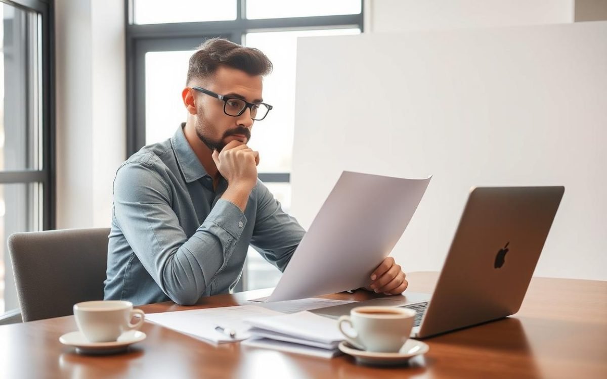 Entrepreneur pensif devant un ordinateur portable sur une table avec des documents éparpillés, réfléchissant à la question auto entrepreneur ou SASU, dans un environnement moderne et lumineux.