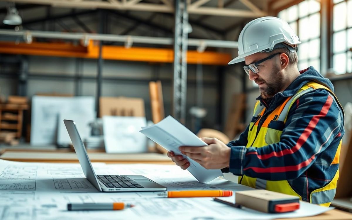Artisan du BTP sur un chantier, utilisant un ordinateur portable pour créer un devis, entouré de plans et d'outils, illustrant un environnement de travail efficace, avec des avis obat sur ses méthodes.