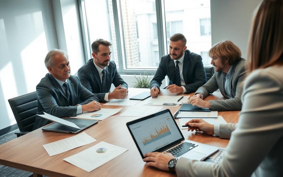 Bureau moderne avec des associés discutant autour d'une table, documents éparpillés et un ordinateur portable affichant des graphiques financiers, illustrant des préoccupations sur le risque de bad leaver, lumière naturelle entrant par la fenêtre.