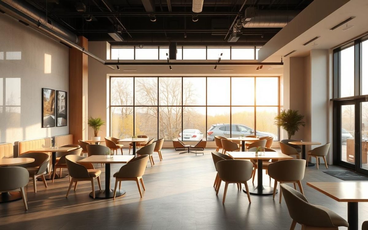 Espace commercial vide et moderne avec des chaises et des tables en bois et verre, baigné de lumière naturelle, prêt à accueillir un projet commercial, idéal pour un bail précaire commerce.