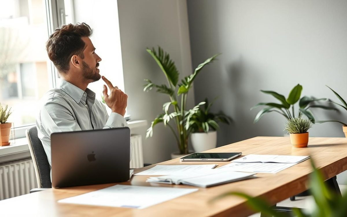 Entrepreneur au bureau moderne réfléchissant à ses options de bail précaire commercial, entouré de documents, d'un ordinateur portable, de lumière naturelle et de plantes décoratives.
