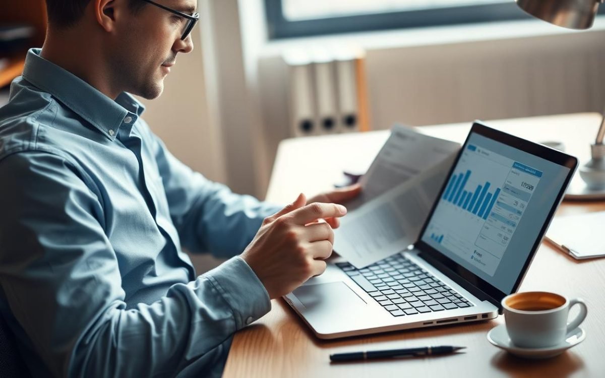 Comptable assis à un bureau lumineux en train d'examiner un bilan simplifié comptabilité sur son ordinateur portable, avec des documents financiers et une tasse de café, dans une atmosphère professionnelle et détendue.