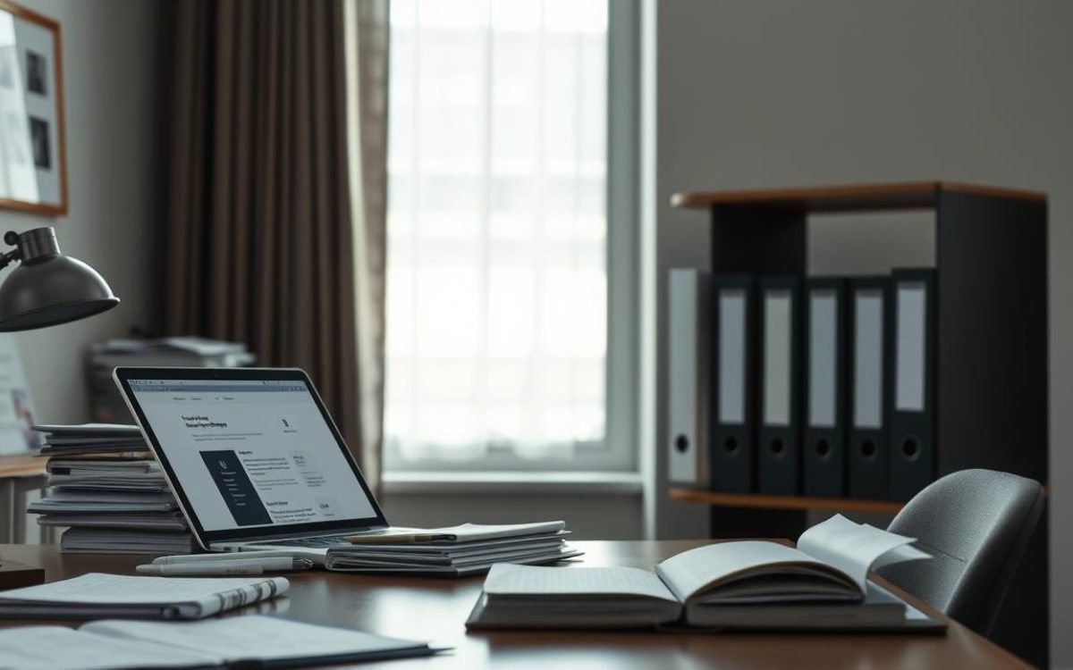Bureau moderne avec des documents juridiques, un ordinateur portable ouvert sur le site web du bodacc, des dossiers étiquetés sur une étagère et une lumière naturelle entrant par la fenêtre.