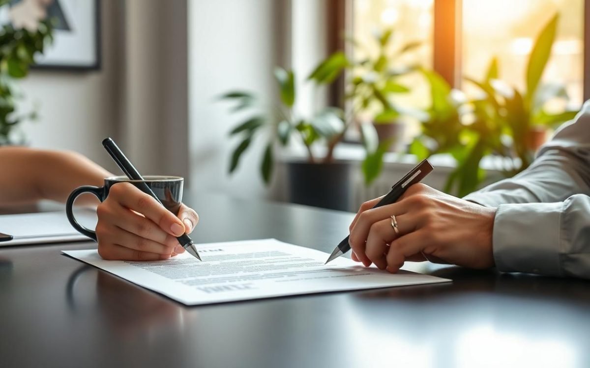 Bureau moderne avec un contrat sur la table, une main signant le document avec un stylo, une tasse de café à côté, des plantes vertes en arrière-plan et une lumière naturelle, illustrant un moment "bon pour accord" dans une ambiance professionnelle et apaisante.