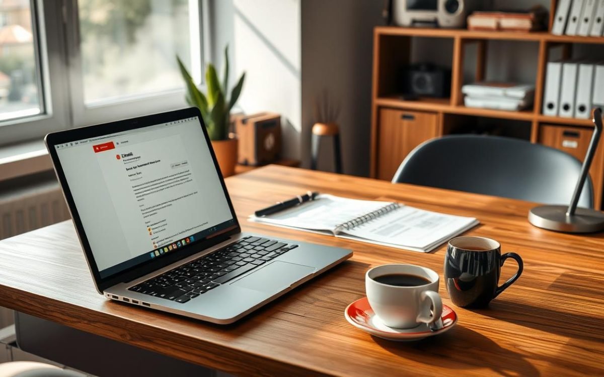 Bureau moderne en bois avec un ordinateur portable affichant un email professionnel et des documents, accompagné d'une tasse de café fumant, illustrant un environnement de travail collaboratif idéal pour finaliser un bon pour accord par mail.