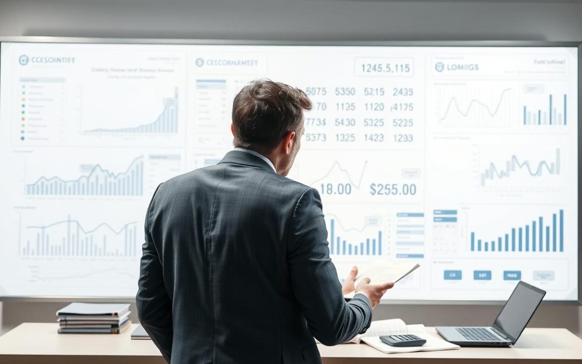 Entrepreneur concentré devant un tableau blanc avec des graphiques financiers, explorant le concept de boni de liquidation calcul, entouré de documents et de calculatrices dans un bureau moderne.