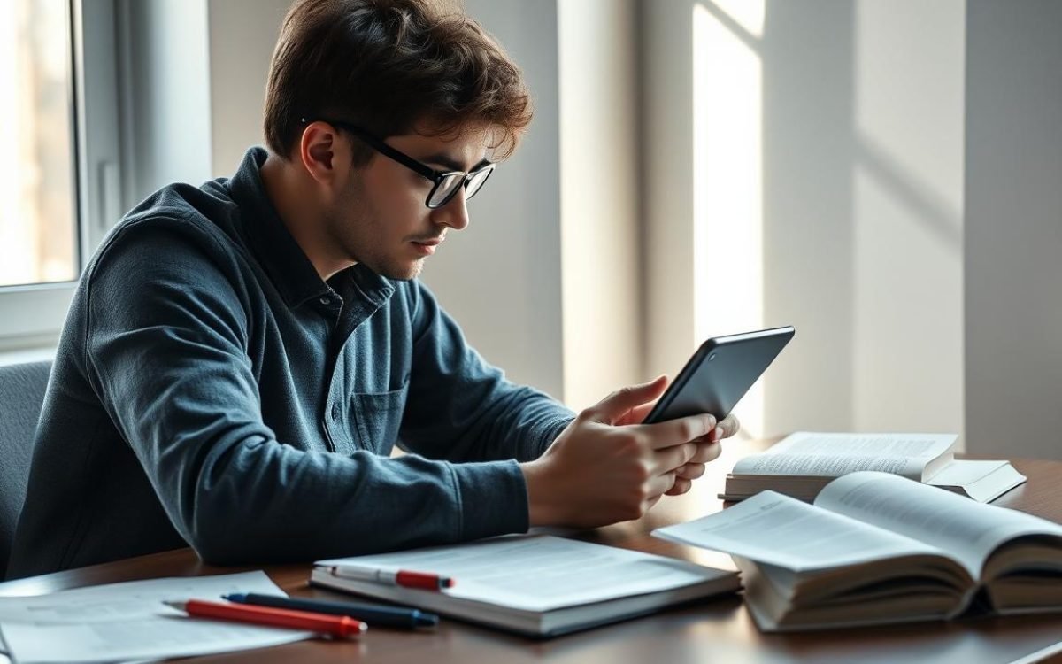 Étudiant assis à un bureau concentré sur son ordinateur portable, utilisant le correcteur d'orthographe en ligne bonpatron, avec des feuilles, des stylos éparpillés et un livre de grammaire ouvert à côté, sous une lumière naturelle accueillante.