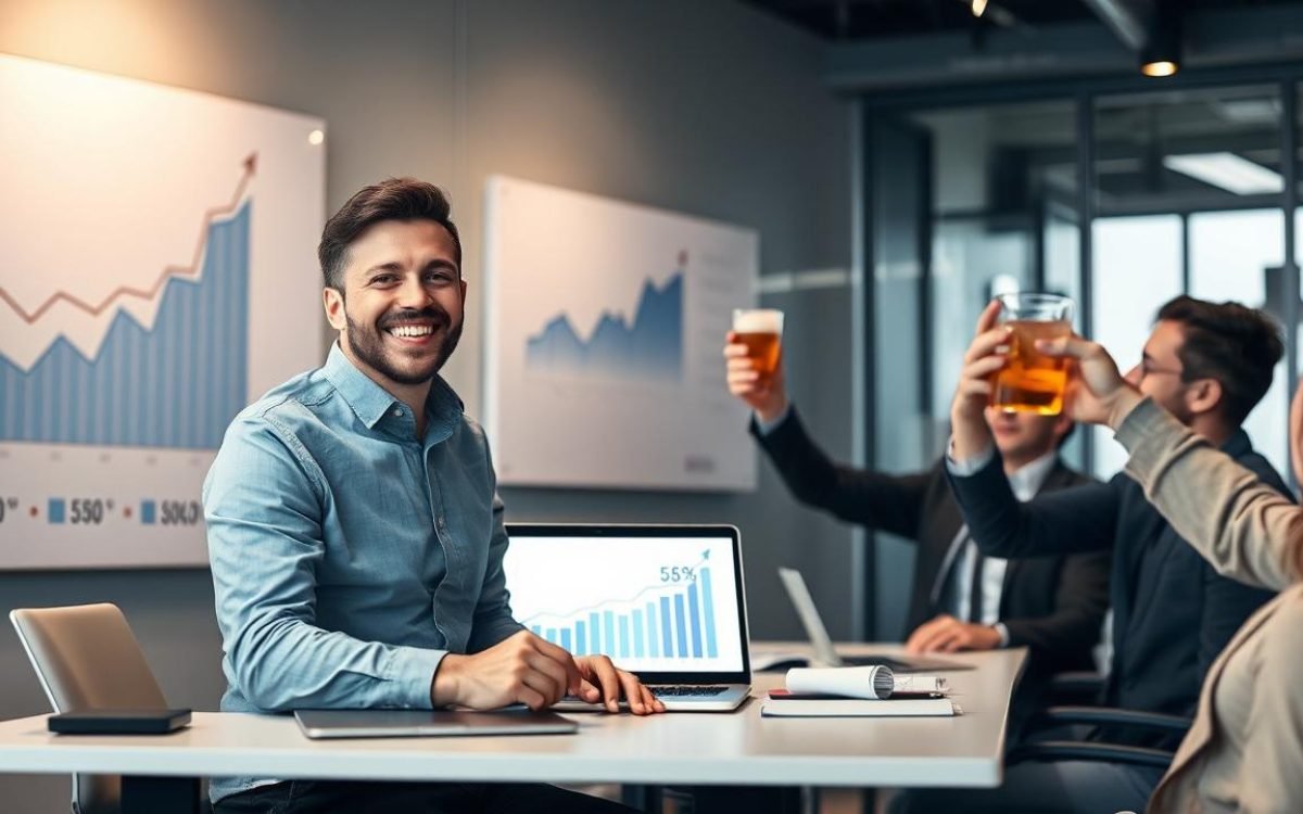 Entrepreneur souriant dans un bureau moderne célébrant une levée de fonds réussie, entouré de graphiques de croissance et d'investisseurs levant un verre, mettant en avant des opportunités d'investissement comme le bsa air.