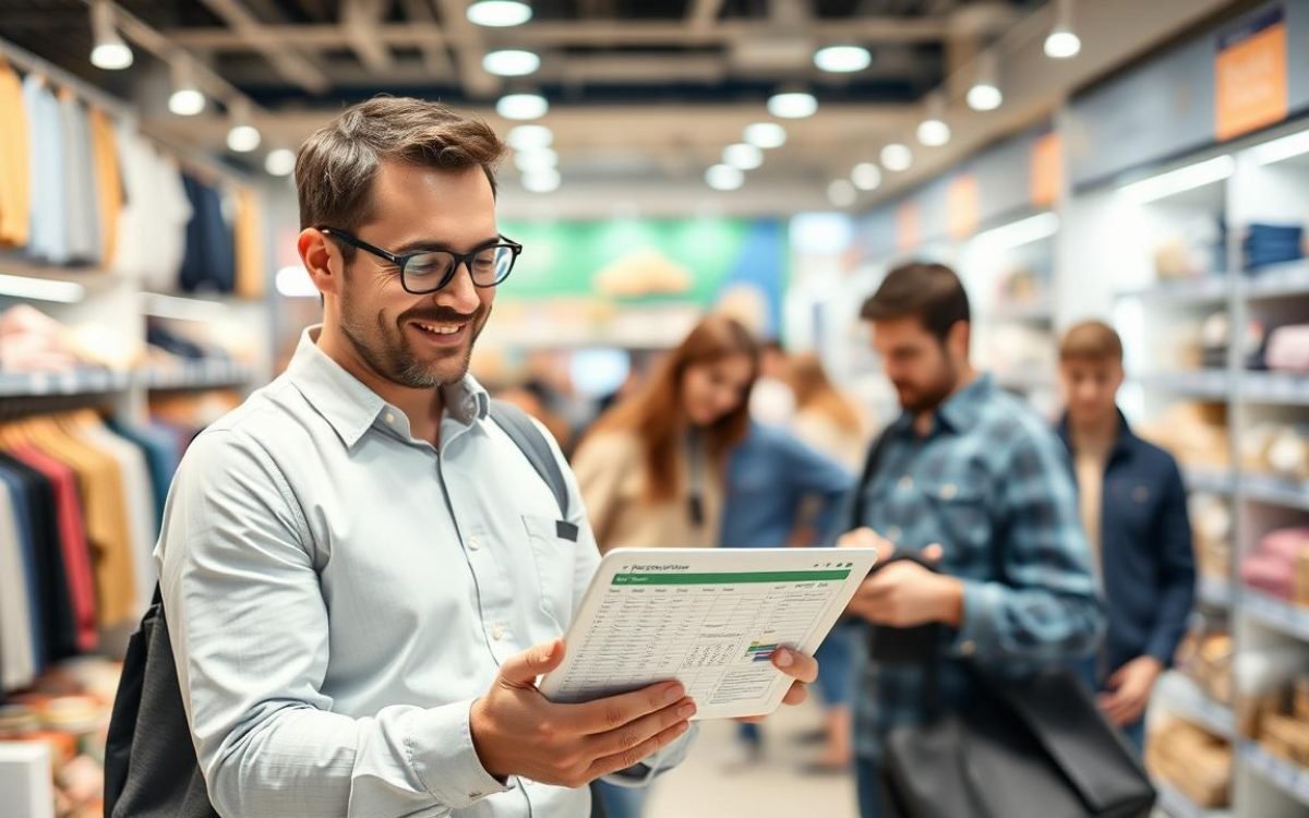 Gérant de magasin souriant consultant un tableau Excel sur une tablette, entouré de clients explorant des vêtements et accessoires, illustrant une ambiance dynamique de commerce avec un focus sur le calcul indice de vente.