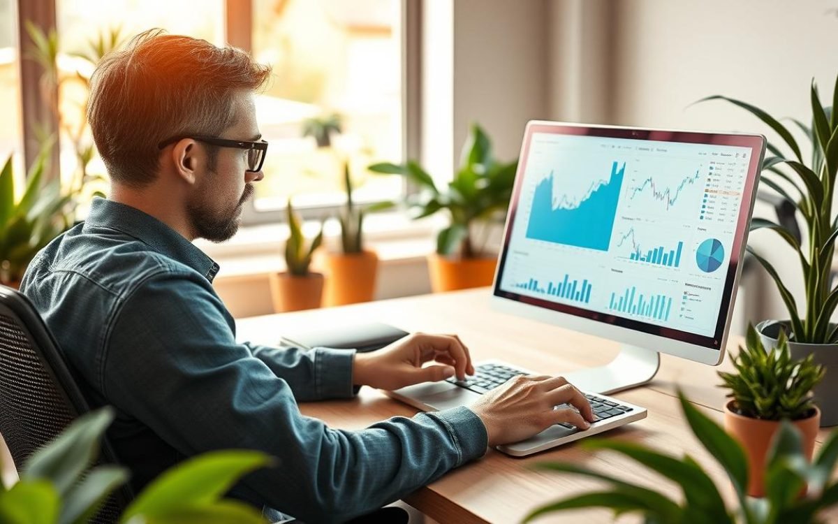 Personne analysant des graphiques financiers sur un ordinateur portable dans un espace de travail moderne, entourée de plantes vertes et baignée de lumière naturelle, réfléchissant à comment calculer le point mort pour évaluer la rentabilité de l'entreprise.