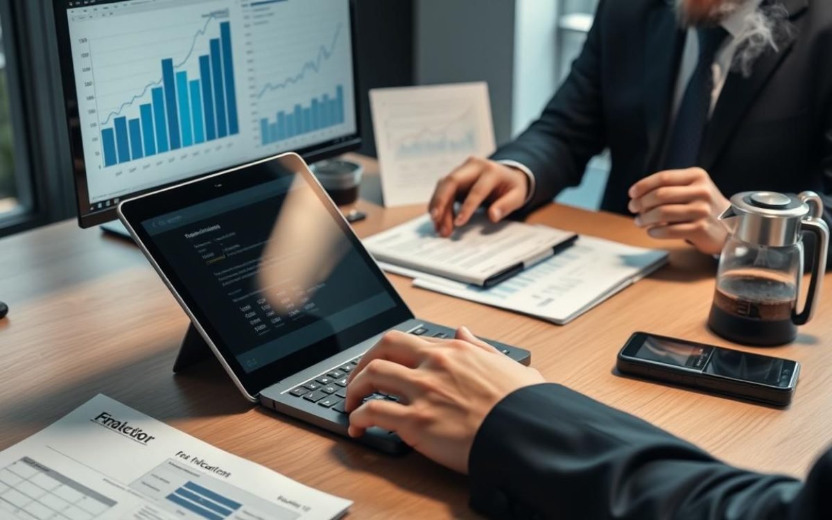 Professionnel en train de calculer un escompte sur un ordinateur portable, avec des documents financiers éparpillés sur la table, des graphiques de trésorerie affichés à l'écran, une calculatrice à côté et une cafetière fumante en arrière-plan dans un bureau d'entreprise moderne.