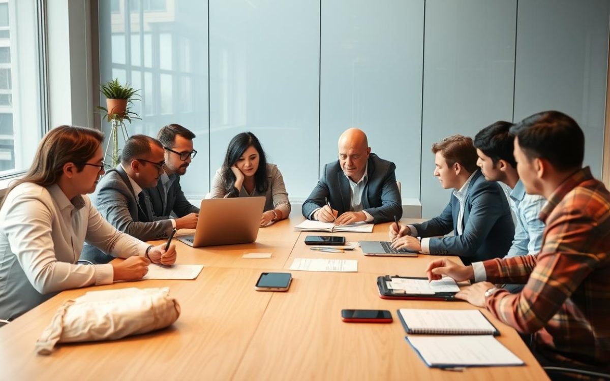 Comité d'entreprise en réunion avec des délégués attentifs autour d'une table, représentant la définition d'un comité d'entreprise, ambiance de collaboration et éclairage naturel.