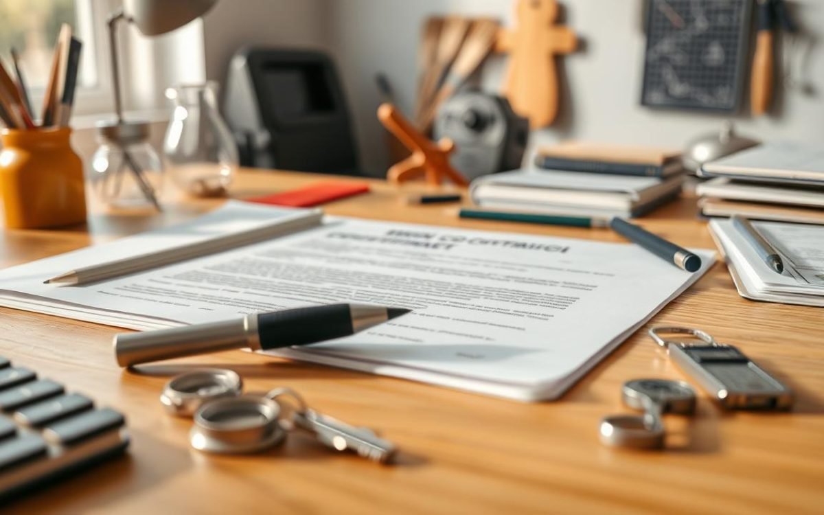 Image d'une main tenant un document contractuel sur un bureau, avec des biens non consomptibles comme des outils agricoles et des clés de maison en arrière-plan, évoquant un accord de commodat dans un cadre lumineux.