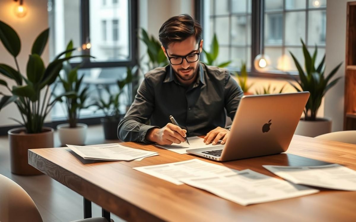 Entrepreneur travaillant sur son ordinateur portable dans un espace de coworking moderne, entouré de plantes et de documents de comptabilité, illustrant l'approche simplifiée et moderne de compta clémentine.