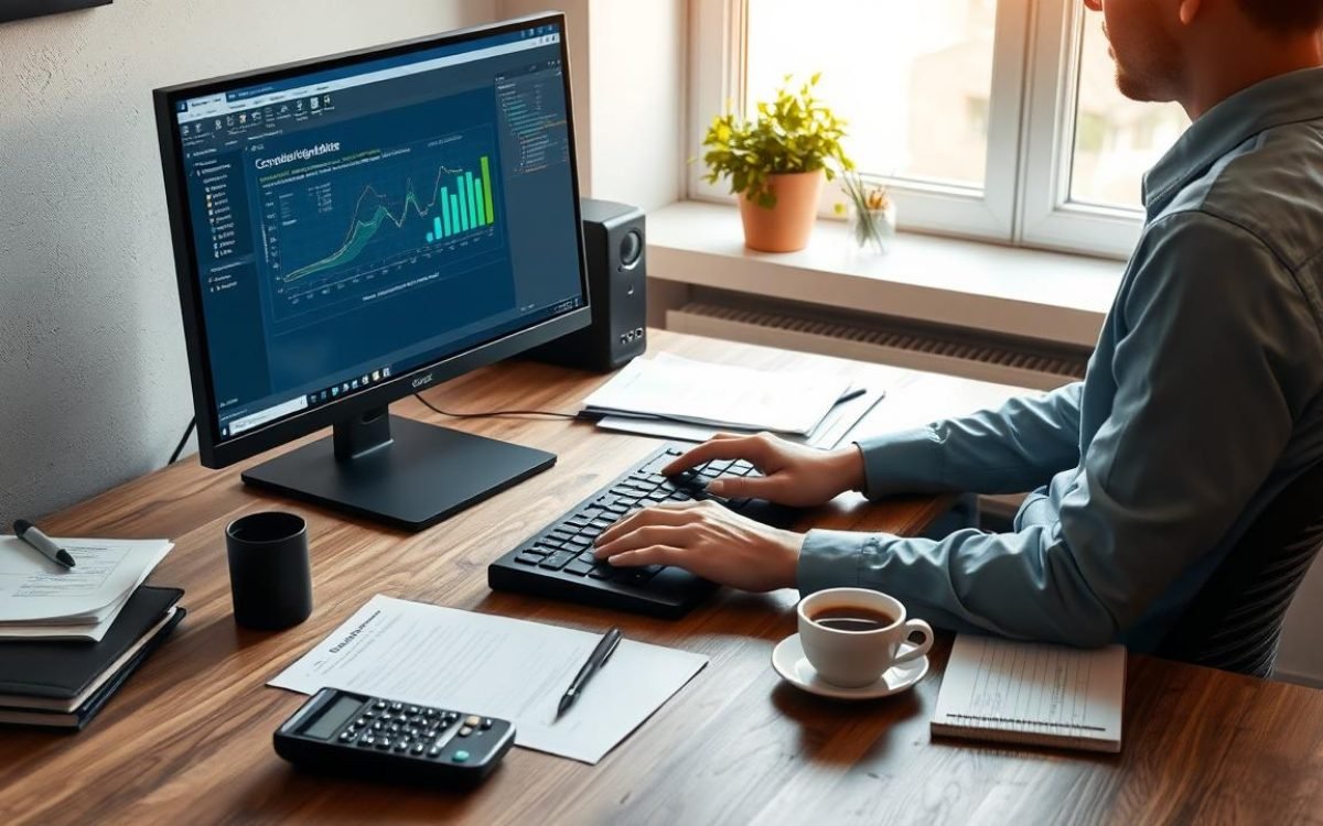 Bureau moderne avec un utilisateur travaillant sur un ordinateur affichant un logiciel de comptabilité, entouré de documents, d'une calculatrice et d'une tasse de café, avec la lumière naturelle créant une ambiance conviviale, représentant l'importance de la comptabilité oxygène.