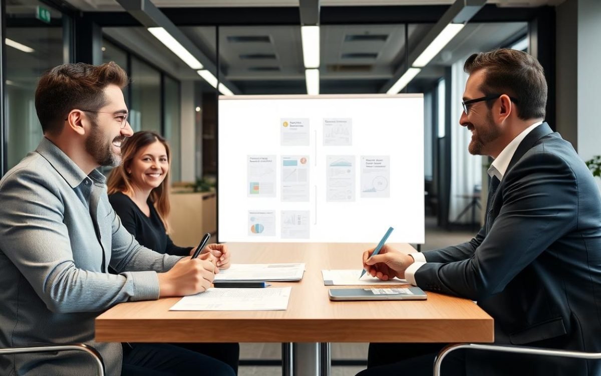 Réunion professionnelle entre un fournisseur et un distributeur dans un bureau moderne, avec un tableau blanc sur un contrat de distribution, des documents sur la table et une ambiance de collaboration animée.