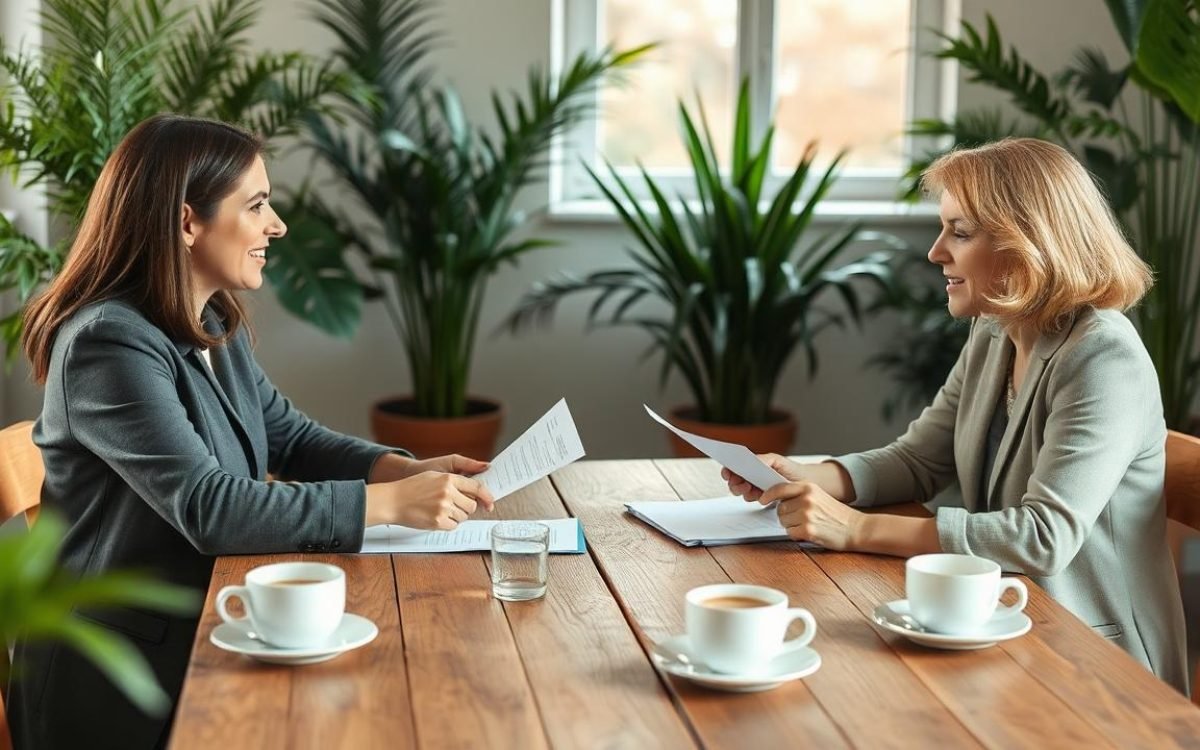 Scène de négociation entre deux personnes assises à une table en bois, échangeant des documents sur un contrat de gré à gré, avec des expressions engagées, dans un environnement accueillant baigné de lumière naturelle douce, entourées de plantes et de tasses de café.