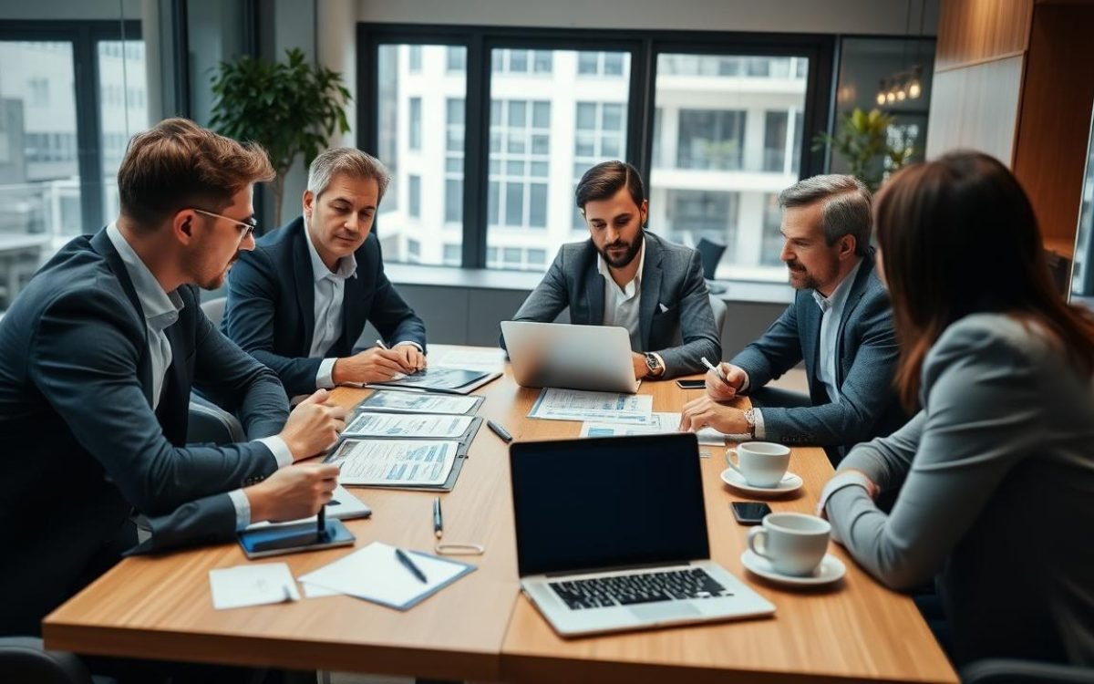 Groupe diversifié d'investisseurs autour d'une table moderne, analysant des documents financiers et graphiques sur une tablette, illustrant l'importance du crowd equity dans un environnement de startup collaboratif.