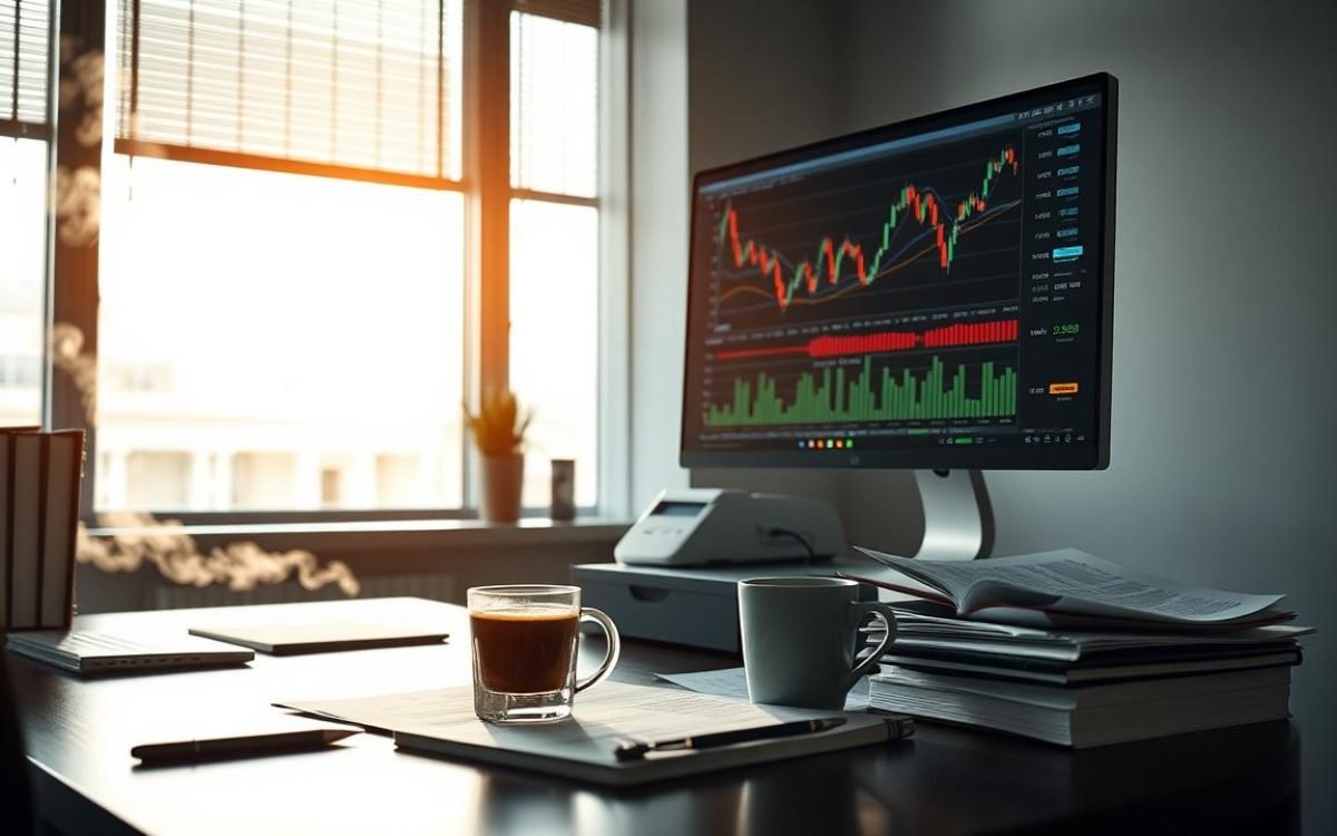 Bureau moderne avec écran d'ordinateur affichant des graphiques boursiers, documents financiers éparpillés et tasse de café fumante, illustrant un environnement dynamique et urgent autour du délit d'initié.