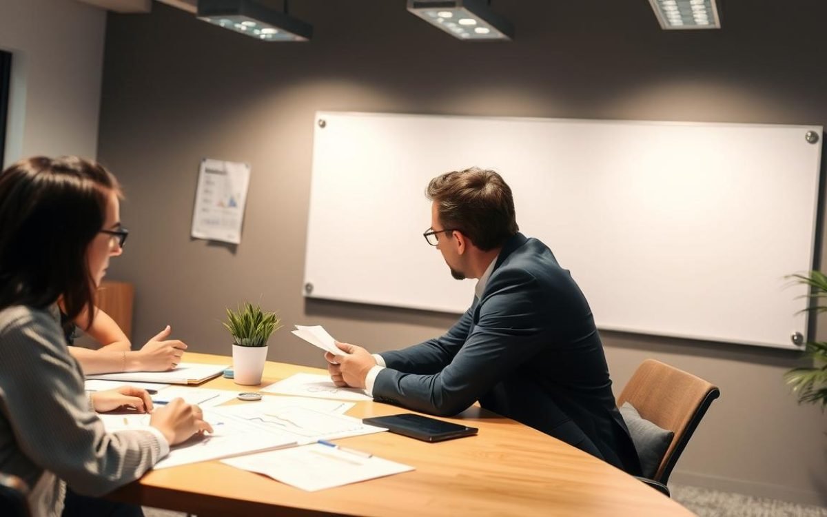 Professionnel collaborant avec son équipe autour d'une table, entouré de documents, graphiques et un tableau blanc, illustrant le processus de réflexion et d'amélioration continue inspiré par le Deming cycle.