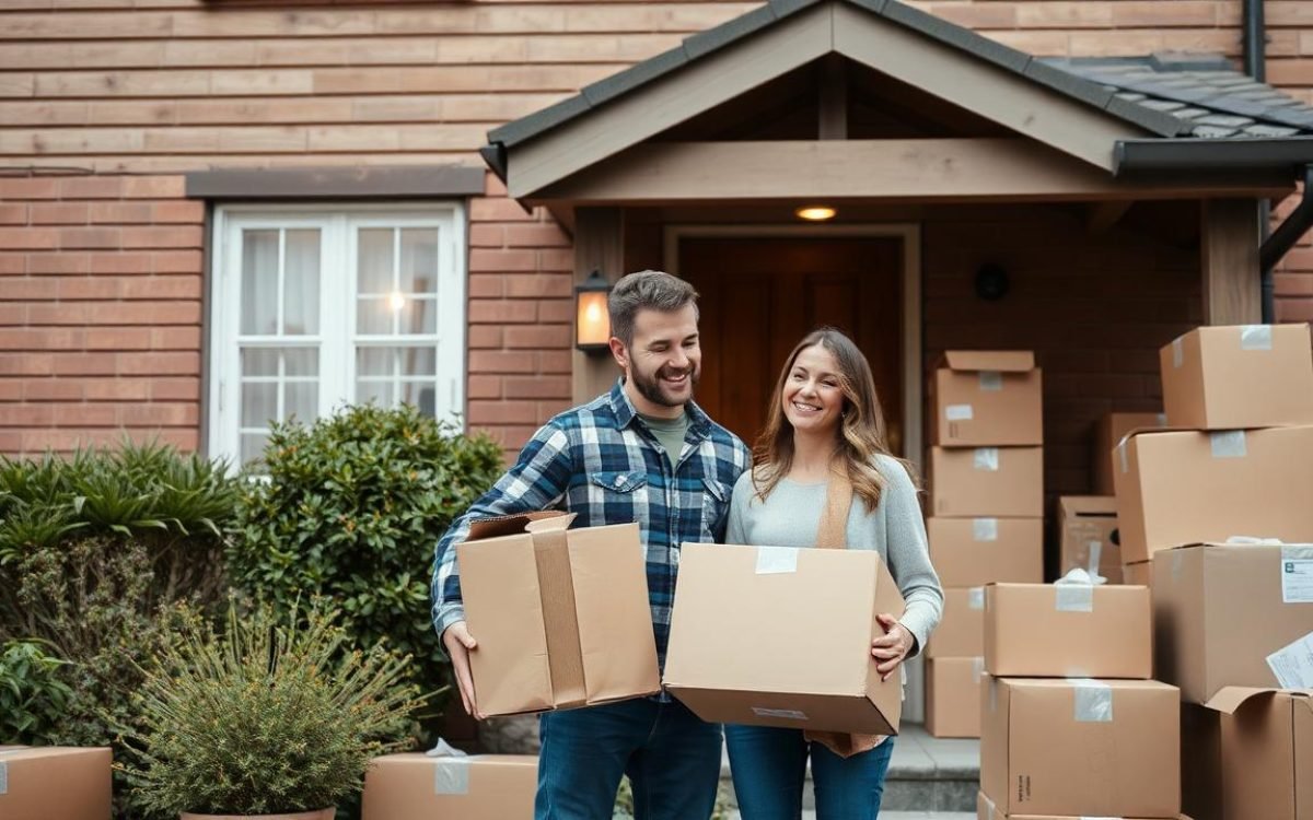 Couple souriant devant leur maison entouré de cartons de déménagement, symbolisant le soutien et la transition vers une nouvelle vie après avoir démissionné pour suivre son conjoint.