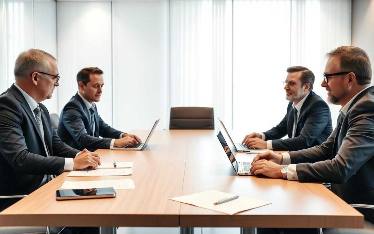 Réunion d'affaires moderne où des dirigeants discutent de la fusion simplifiée dans une salle de conférence lumineuse, avec des documents et des ordinateurs portables sur la table, créant une ambiance dynamique de collaboration.