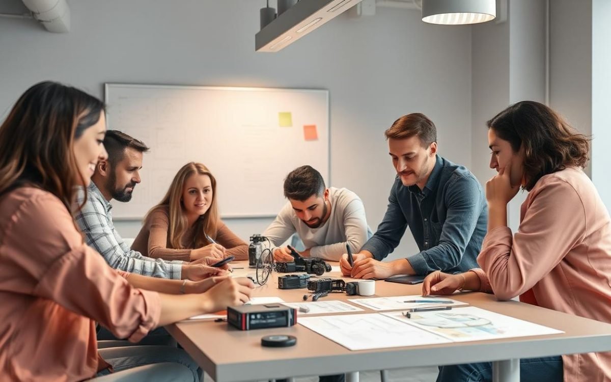 Équipe dynamique collaborant autour d'une table, examinant des prototypes et des échantillons de produits dans un environnement moderne, illustrant l'innovation incrémentale avec des notes adhésives et des plans sur un tableau blanc.