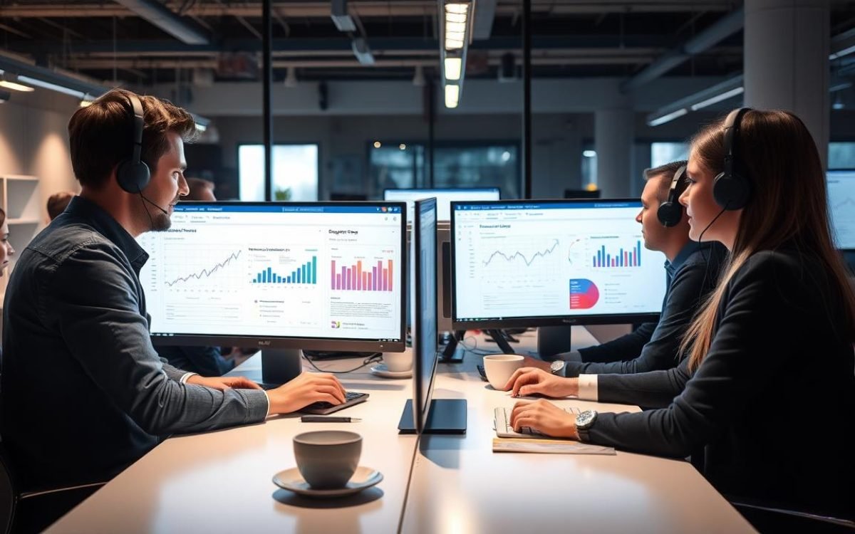 Équipe de support client moderne travaillant ensemble dans un bureau lumineux, utilisant des ordinateurs pour gérer le ticketing d'assistance technique, avec des graphiques de performance affichés sur les écrans et une ambiance collaborative.
