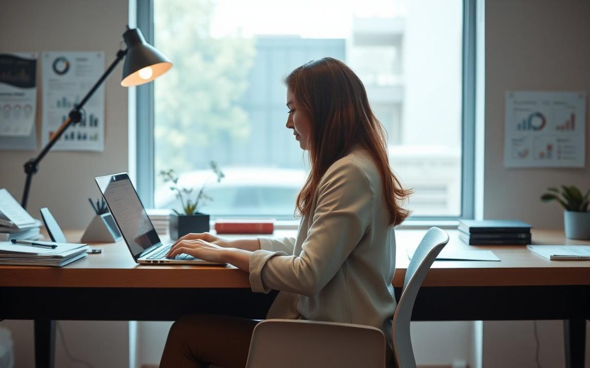 Personne assise à un bureau moderne travaillant sur un ordinateur portable, entourée de documents et de graphiques sur le lead nurturing, avec une lumière naturelle créant une atmosphère inspirante.