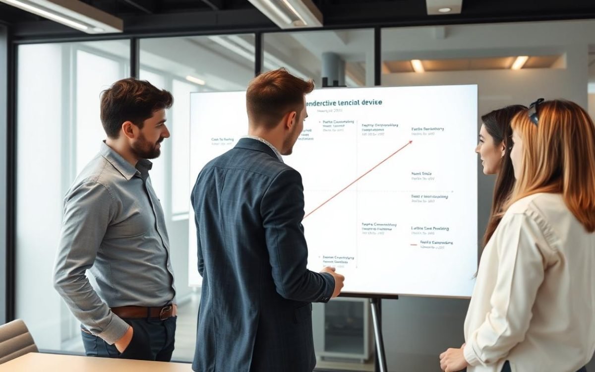 Réunion d'équipe dans un bureau moderne avec des personnes concentrées et enthousiastes examinant un tableau blanc sur le mapping concurrentiel, axé sur les prix et la qualité perçue.