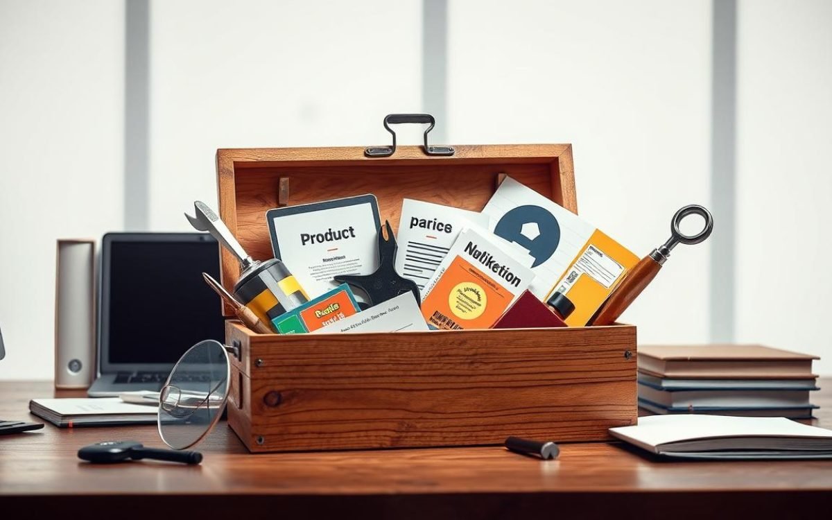 Boîte à outils ouverte sur un bureau moderne, remplie d'objets symbolisant le marketing mix, incluant un produit, des étiquettes de prix, des cartes de distribution et des éléments de communication, le tout dans un environnement bien éclairé avec un fond flou.