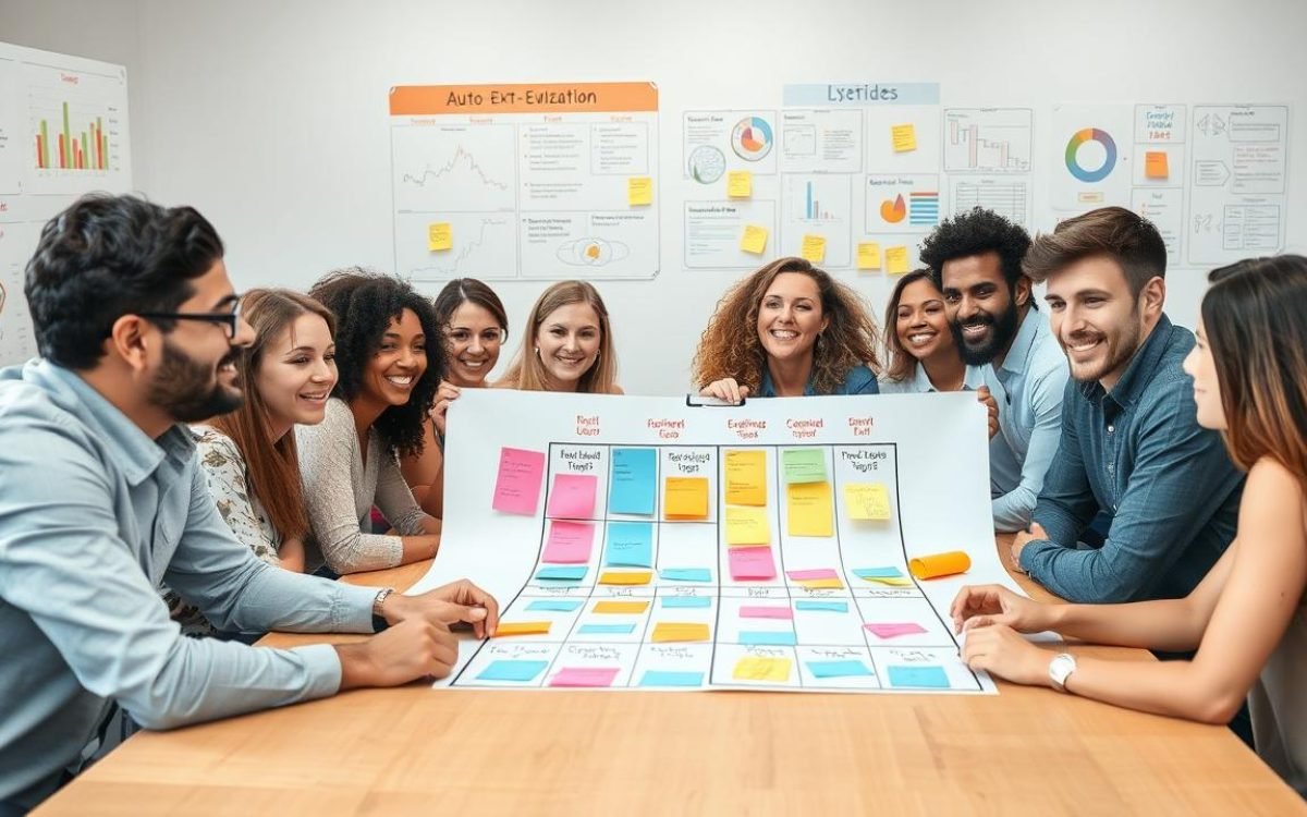 Équipe diversifiée collaborant autour d'une table de réunion avec une matrice SEPO d'auto-évaluation et des post-it colorés, ambiance conviviale et murs décorés de graphiques sur les succès.