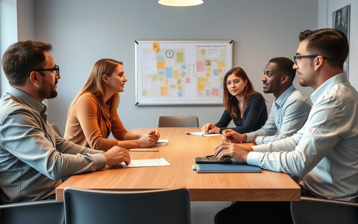 Scène de réunion professionnelle illustrant la méthode OSBD avec des collègues en discussion empathique autour d'une table, affichant des expressions d'écoute active dans une ambiance calme et collaborative, notes et tableau en arrière-plan.