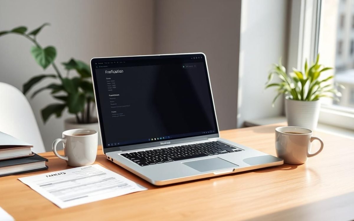 Bureau moderne avec un ordinateur portable affichant un logiciel de facturation, des factures et des devis éparpillés, une tasse de café, une plante verte en arrière-plan et une lumière naturelle entrant par la fenêtre, illustrant l'environnement de travail d'une personne consultant des myae avis.