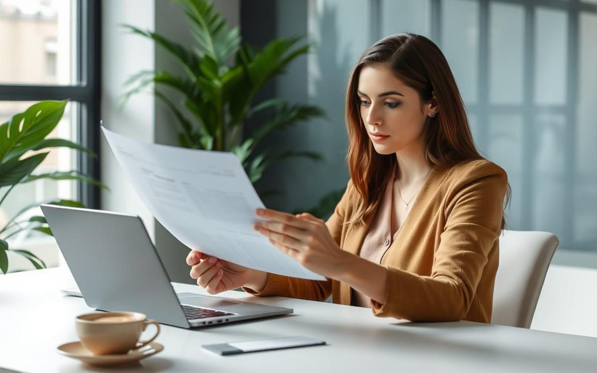 Personne assise à un bureau moderne avec un ordinateur portable, examinant des documents avec détermination, évoquant une réflexion sur le non renouvellement de CDD par le salarié, entourée de plantes et d'une tasse de café.
