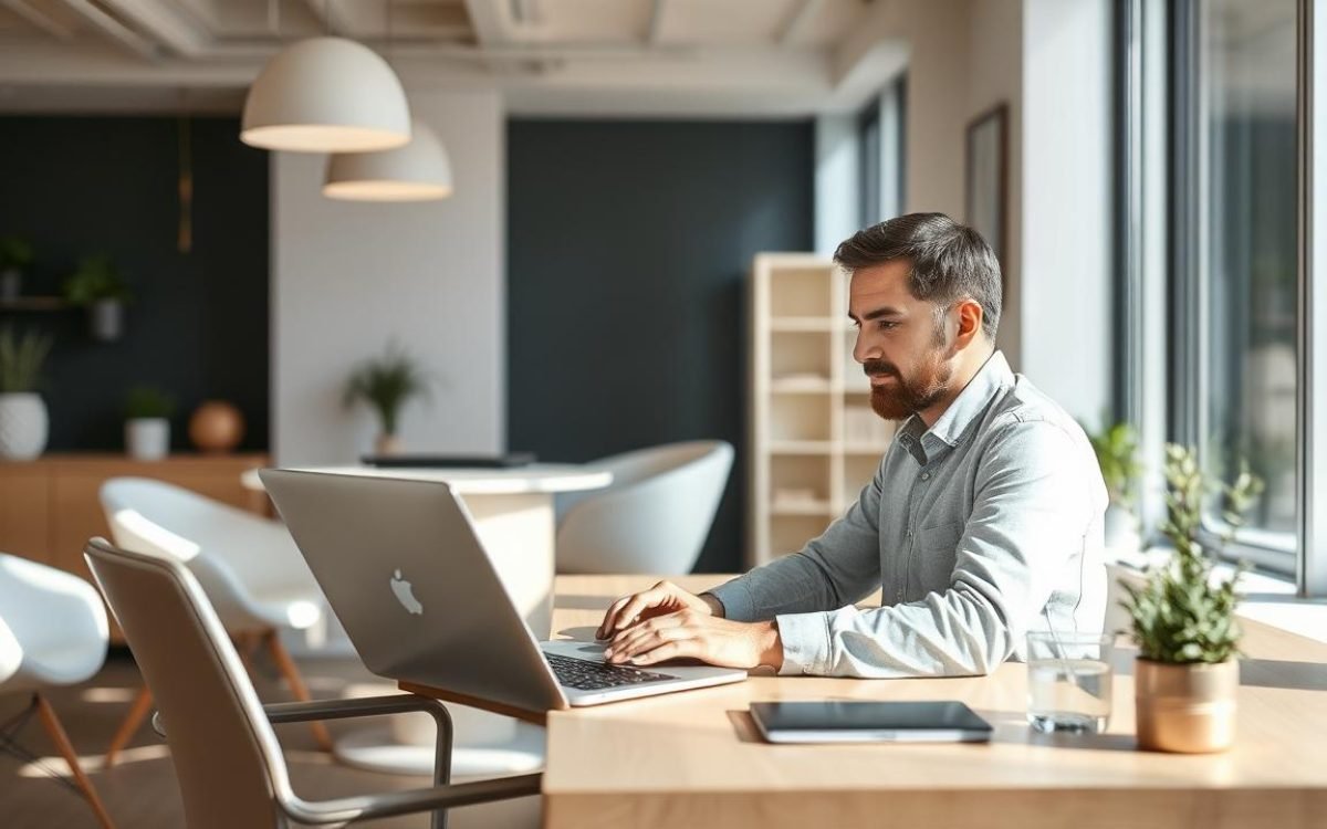 Professionnel souriant travaillant sur un ordinateur portable dans un espace de travail moderne et lumineux, illustrant la simplicité et la transparence dans la gestion des assurances, un cadre idéal pour recueillir des orus avis.
