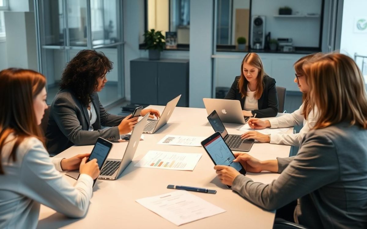 espace de travail moderne lumineux avec des professionnels discutant autour d'une table, utilisant des ordinateurs portables et des documents, affichant des graphiques et des indicateurs RSE, illustrant l'engagement envers la responsabilité sociale des entreprises et les outils RSE.