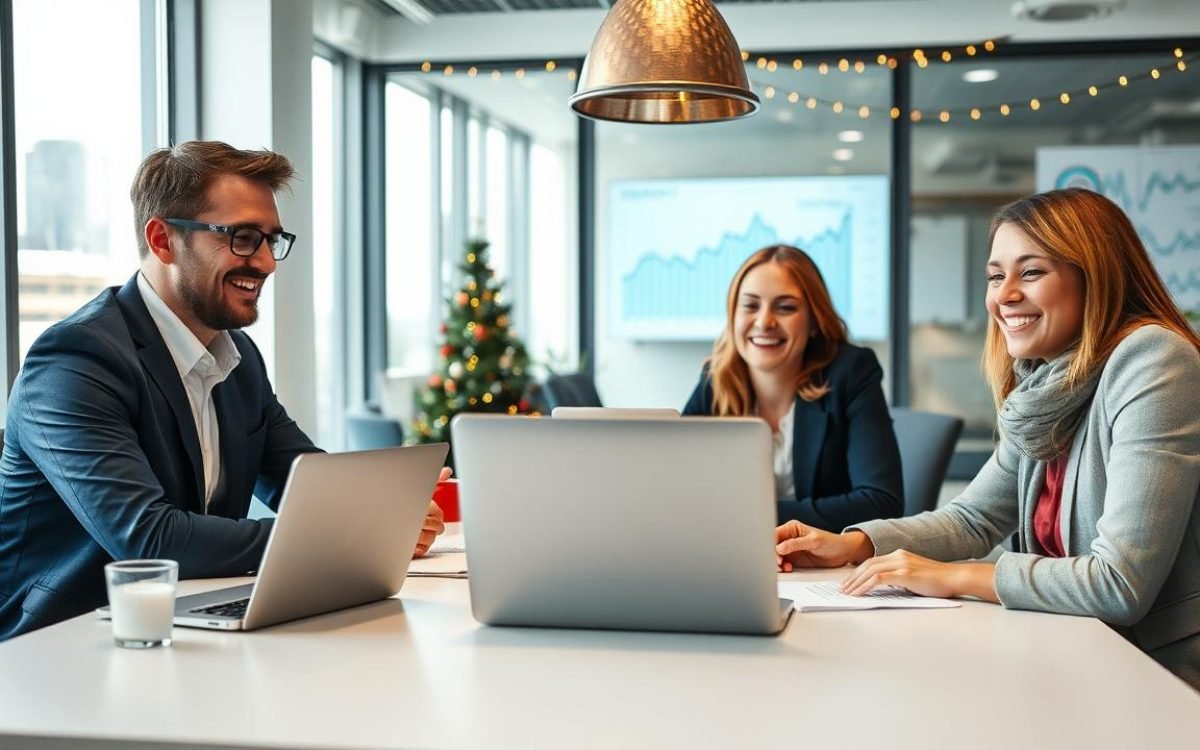 Bureau moderne avec des salariés souriants autour d'une table, célébrant joyeusement une prime de bilan, avec des graphiques financiers en arrière-plan et des décorations de fin d'année.