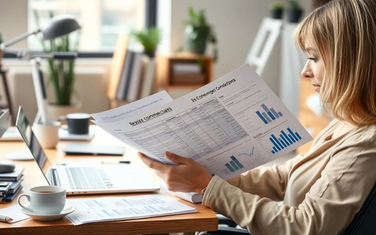 Personne assise à un bureau moderne examinant des documents sur les remises commerciales, avec des calculs et des graphiques en arrière-plan, un ordinateur portable et une tasse de café en désordre.