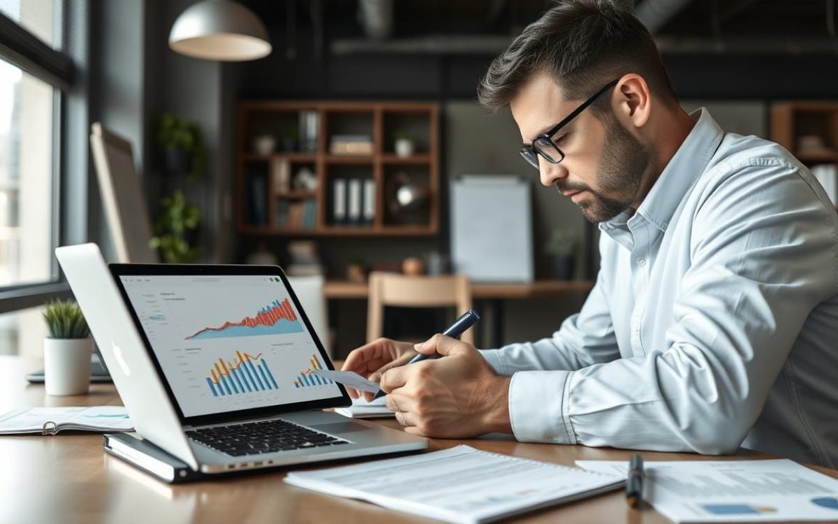 Entrepreneur dans un bureau moderne analysera des graphiques financiers sur son ordinateur portable tout en prenant des notes, entouré de documents financiers, illustrant une ambiance studieuse visant des retours sur investissement.