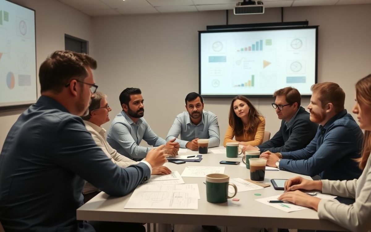 Réunion collaborative dans une salle de conférence avec des employés discutant autour d'une table, graphiques et documents éparpillés, un projecteur affichant des idées, et des tasses de café, illustrant les scop avantages inconvénients de la gestion de projet.