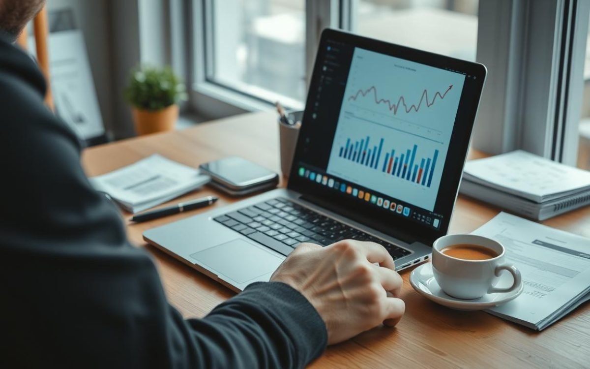 Bureau d'un micro-entrepreneur avec un ordinateur portable affichant un tableau de chiffres et de graphiques, des documents administratifs éparpillés, une tasse de café, illustrant les seuils micro-entreprise dans une ambiance de travail dynamique.